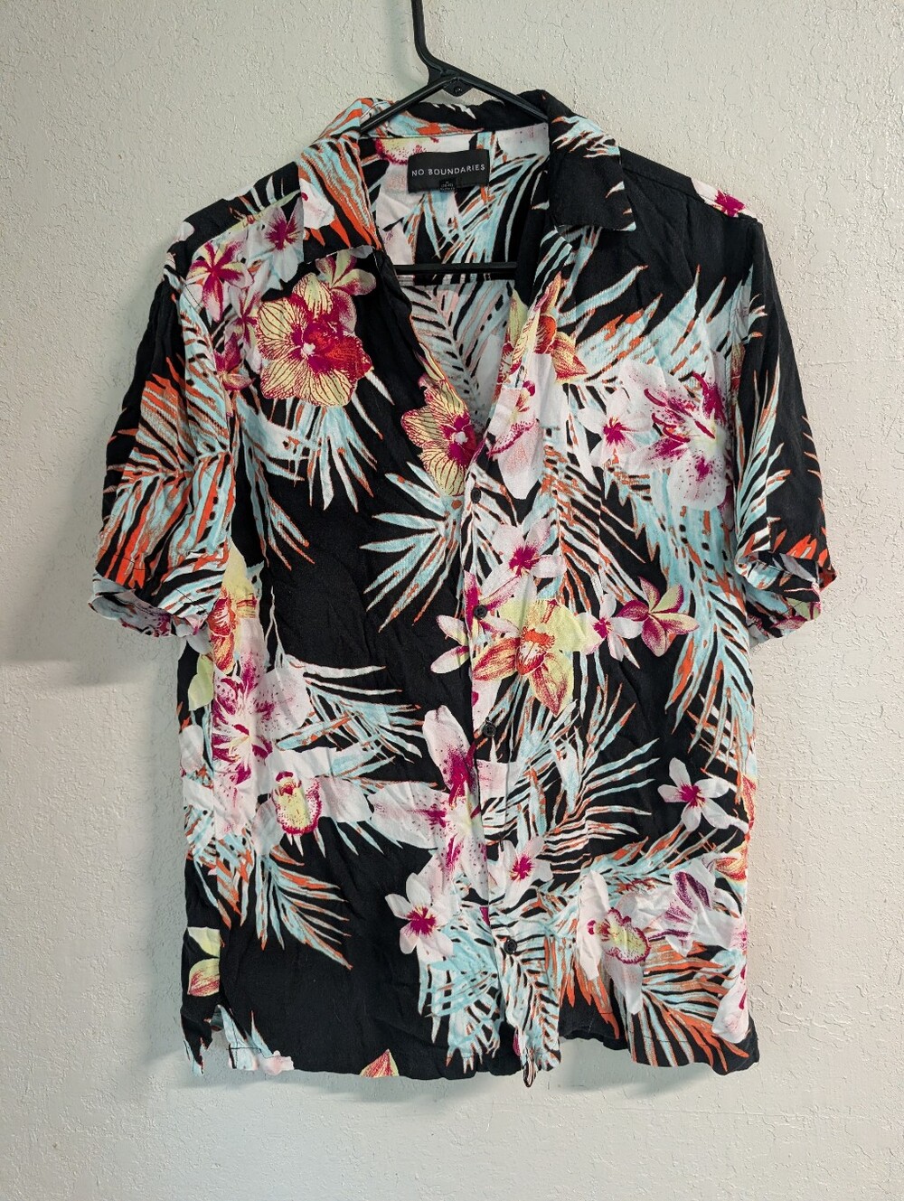 Floral Tropical Button-Up Shirt M Black Boho Indie Casual Travel Hippie Folk
